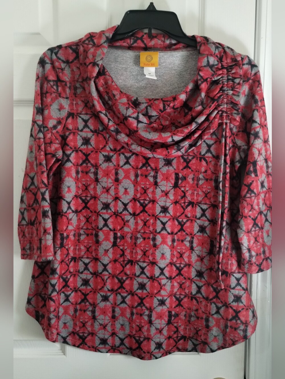 Ruby Rd. Red/Gray & Black Tie-Dye Cowl Neck 3/4 Sleeve Sweater Top